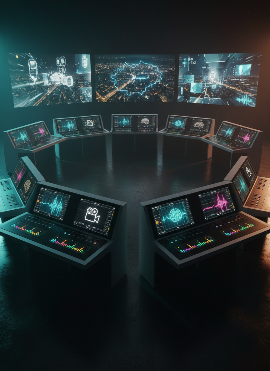 An ultra-modern control room filled with glossy black and brushed metal equipment consoles, each surface alive with glowing waveforms, color-coded audio levels, and minimalist icons for music, cinema, and AI tools. Large panoramic screens in the background show a stylized aerial view of Paris with the 15th arrondissement subtly highlighted, intercut with abstract scenes of film cameras, microphones, and motion graphics. Soft, cinematic teal and amber lighting reflects on the equipment, casting long, dramatic shadows across the floor. Captured from a slightly elevated angle with strong depth of field, the image feels like the nerve center of an African-focused creative distribution powerhouse, blending high-end audiovisual production sophistication with cutting-edge technology.