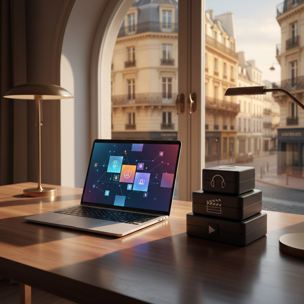 A polished dark-wood tabletop set beside a large window overlooking a stylized Parisian boulevard, where the building at number 14 subtly stands out through slightly warmer tones and refined architectural detailing. On the table, a slim, open laptop displays an abstract dashboard of artist portfolios—represented by glowing geometric tiles—while beside it, a stack of matte-black cases labeled only with elegant icons for audio, film, and streaming distribution forms a small tower. Late afternoon golden light pours in, creating soft reflections on the laptop and gentle shadows from a sculptural desk lamp. Captured at a three-quarter overhead angle with shallow depth of field, the mood is calm, focused, and aspirational, conveying professional distribution management for emerging African creative talent.