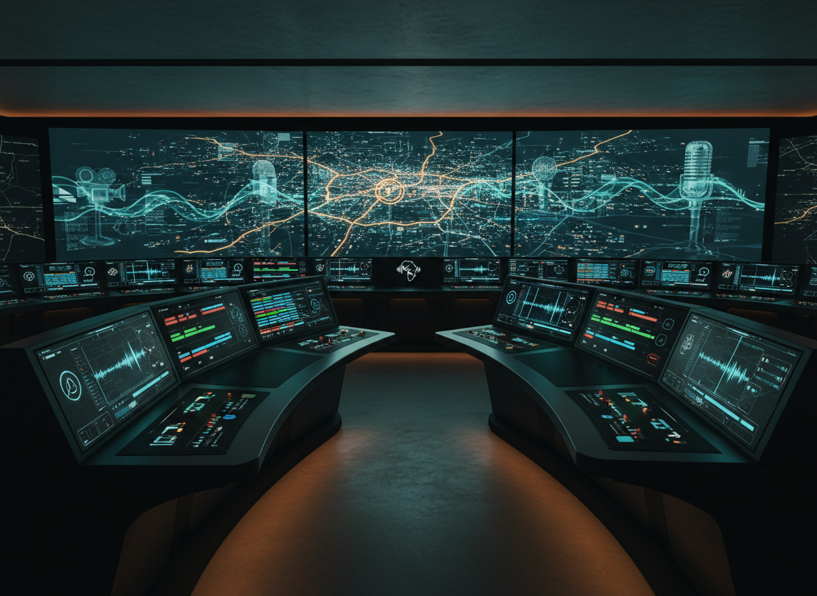An ultra-modern control room filled with glossy black and brushed metal equipment consoles, each surface alive with glowing waveforms, color-coded audio levels, and minimalist icons for music, cinema, and AI tools. Large panoramic screens in the background show a stylized aerial view of Paris with the 15th arrondissement subtly highlighted, intercut with abstract scenes of film cameras, microphones, and motion graphics. Soft, cinematic teal and amber lighting reflects on the equipment, casting long, dramatic shadows across the floor. Captured from a slightly elevated angle with strong depth of field, the image feels like the nerve center of an African-focused creative distribution powerhouse, blending high-end audiovisual production sophistication with cutting-edge technology.