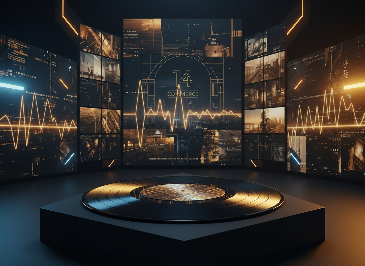 A sleek black vinyl record with a subtle metallic label bearing abstract geometric patterns inspired by African textiles rests on a low, matte obsidian plinth. Behind it, towering LED panels display a cinematic collage of stylized music waveforms, film strips, and angular sound-stage lights in deep golds and rich ambers. A faint outline of a Parisian street façade with the number 14 and “Commerce” suggested through architectural forms appears in the blurred background. Dramatic studio lighting with a warm key light and cool rim accentuates the grooves of the record, creating polished reflections. Shot at eye level with a wide-angle lens, the composition balances symmetry and depth, evoking a sophisticated, visionary label at the crossroads of music, cinema, and innovation.