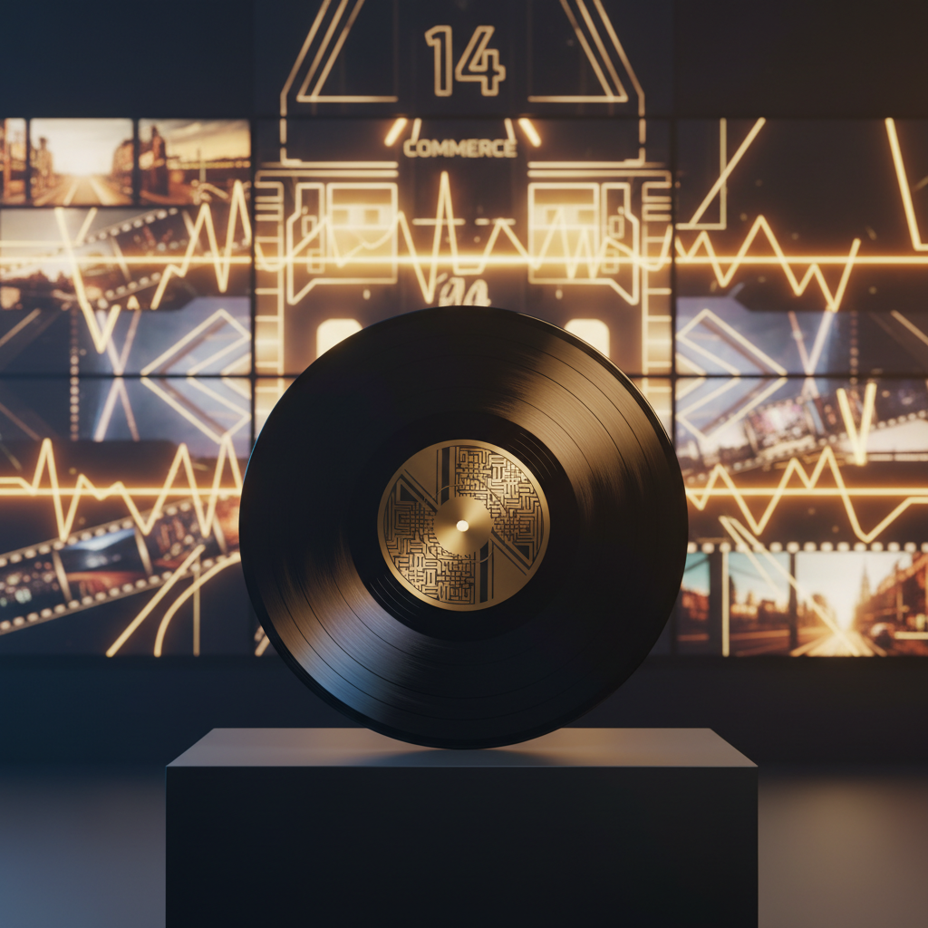 A sleek black vinyl record with a subtle metallic label bearing abstract geometric patterns inspired by African textiles rests on a low, matte obsidian plinth. Behind it, towering LED panels display a cinematic collage of stylized music waveforms, film strips, and angular sound-stage lights in deep golds and rich ambers. A faint outline of a Parisian street façade with the number 14 and “Commerce” suggested through architectural forms appears in the blurred background. Dramatic studio lighting with a warm key light and cool rim accentuates the grooves of the record, creating polished reflections. Shot at eye level with a wide-angle lens, the composition balances symmetry and depth, evoking a sophisticated, visionary label at the crossroads of music, cinema, and innovation.
