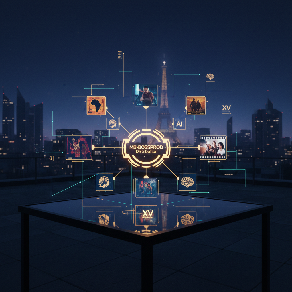 A dramatic nighttime rooftop scene above Paris, with a stylized skyline and the Eiffel Tower seen in the distant haze, while a luminous holographic interface hovers above a sleek, black glass table. The interface shows interconnected nodes shaped like album covers, film frames, and AI icons, glowing in deep blues and warm golds, radiating from a central focal point symbolizing MB-BOSSPROD Distribution. Subtle neon lines trace invisible pathways toward an abstract marker hinting at the 15th arrondissement. Cool moonlight mixes with the hologram’s warm glow, creating cinematic contrasts and reflections on the glass. Captured from a low, wide-angle perspective, the image conveys global reach, innovation, and the elevation of African creativity onto the world stage.
