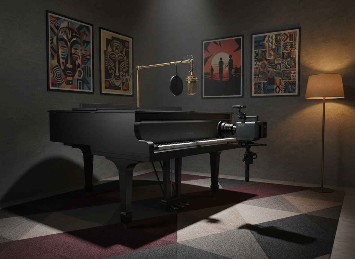 A luxurious, dimly lit studio corner featuring a matte black grand piano, a suspended vintage-style condenser microphone, and a minimalist slate-gray cinema camera mounted on a carbon-fiber rig, all arranged around a geometric rug in deep burgundy and charcoal tones. On the wall, framed abstract posters suggest album covers, film stills, and AI-generated visuals, each with bold, modern African-inspired patterns. A single overhead spotlight and a warm floor lamp create pools of light that sculpt the instruments with soft highlights and cinematic shadows. Photographic realism, shot from a low, slightly diagonal angle, emphasizes the harmony between music, cinema, and audiovisual creation in a refined, intimate atmosphere.